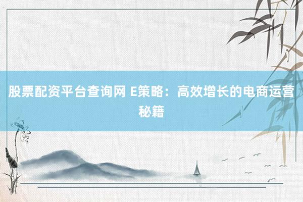 股票配资平台查询网 E策略：高效增长的电商运营秘籍